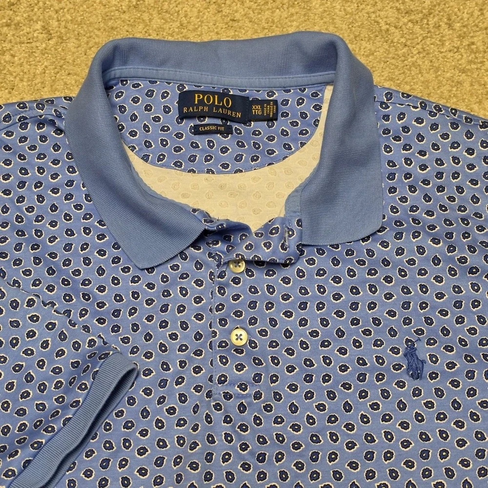 Polo Ralph Lauren Mens XXL Classic Fit Blue Geometric Teardrop Print‎ Polo Shirt